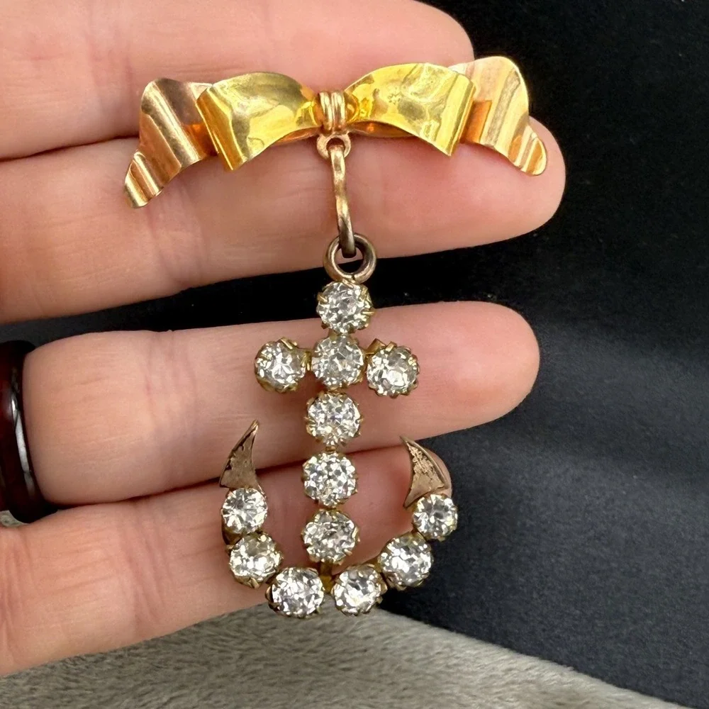 Vintage‎ Gold Filled Brooch Anchor Rhinestone Bow Nautical